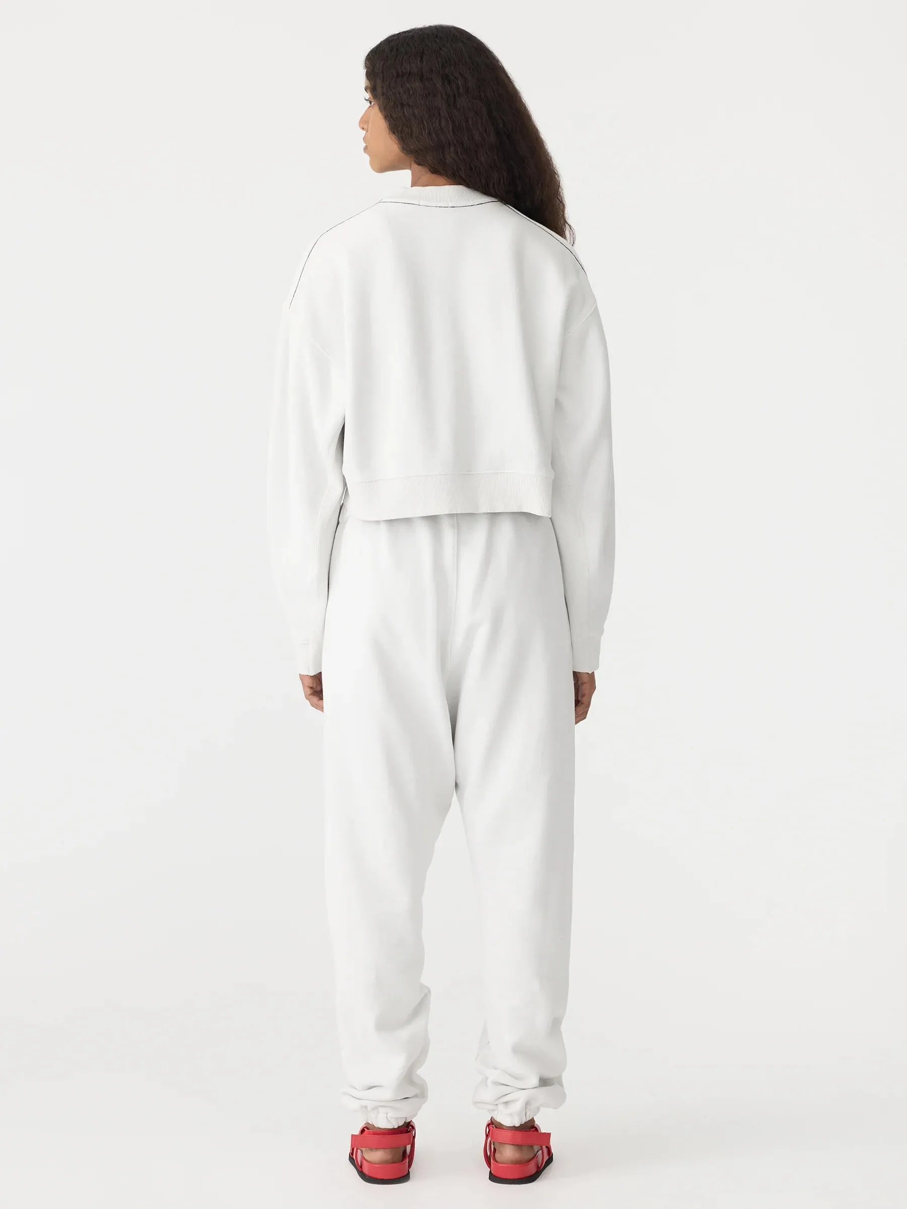 Bassike Boxy Cropped V Neck Sweat in Antique White