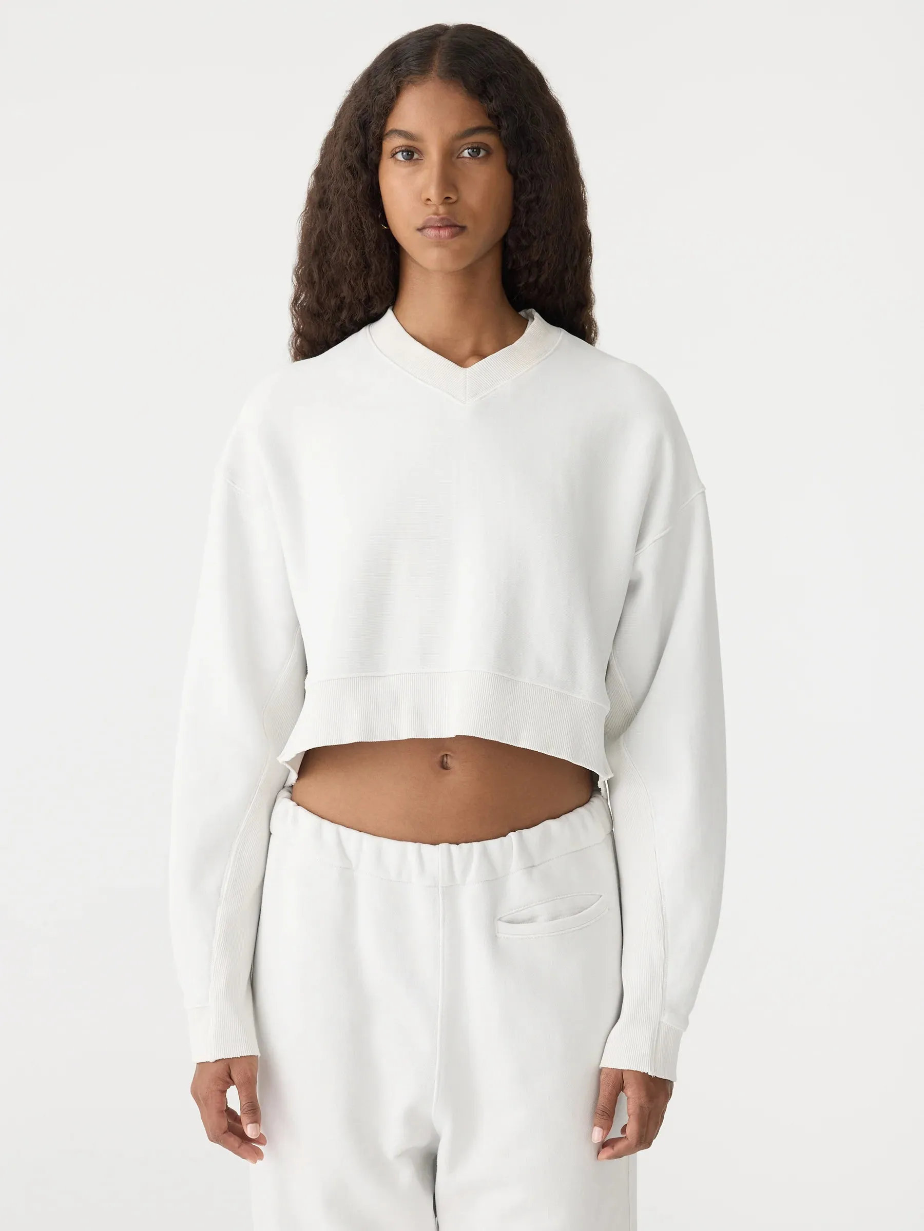 Bassike Boxy Cropped V Neck Sweat in Antique White