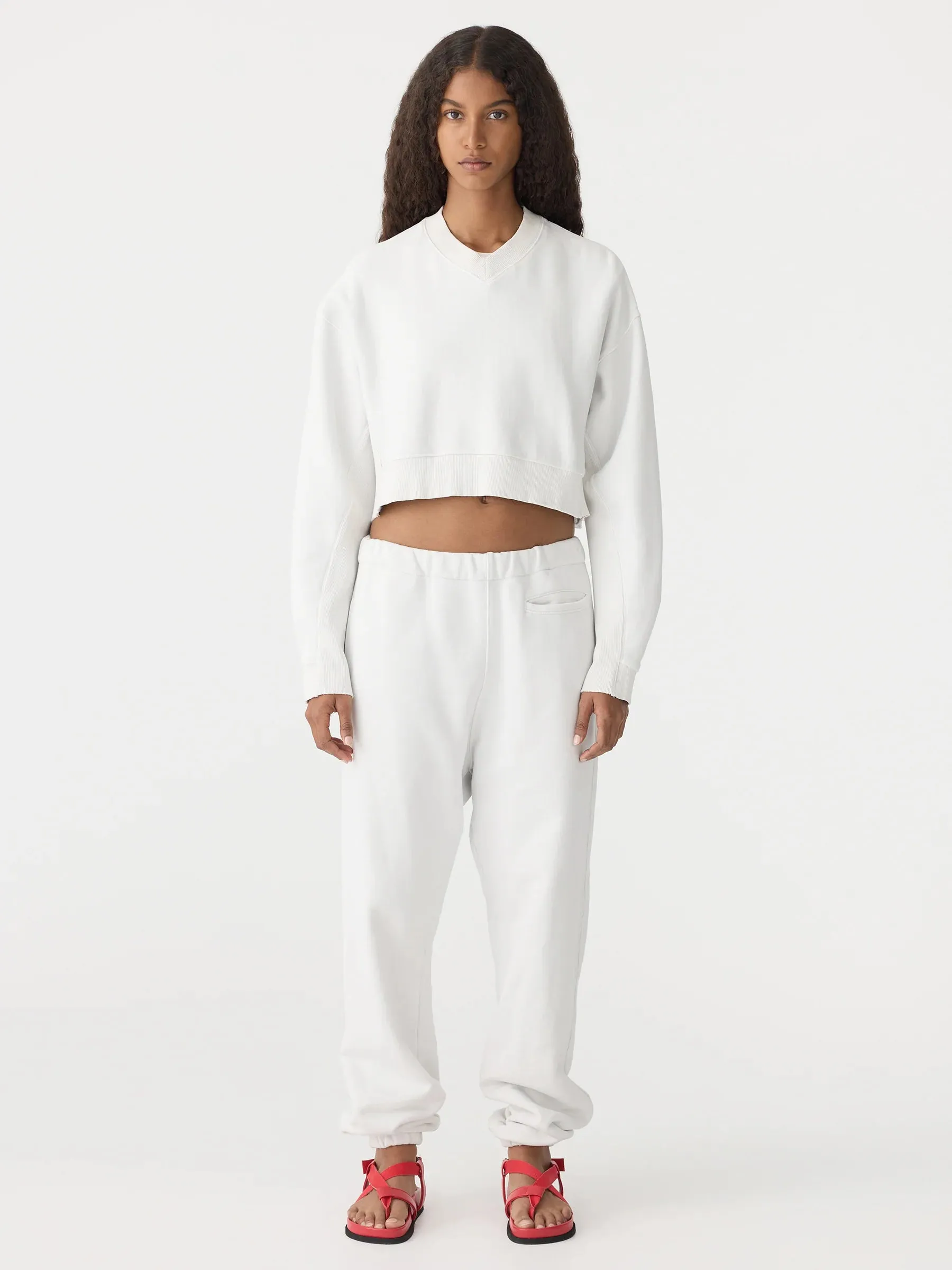 Bassike Boxy Cropped V Neck Sweat in Antique White