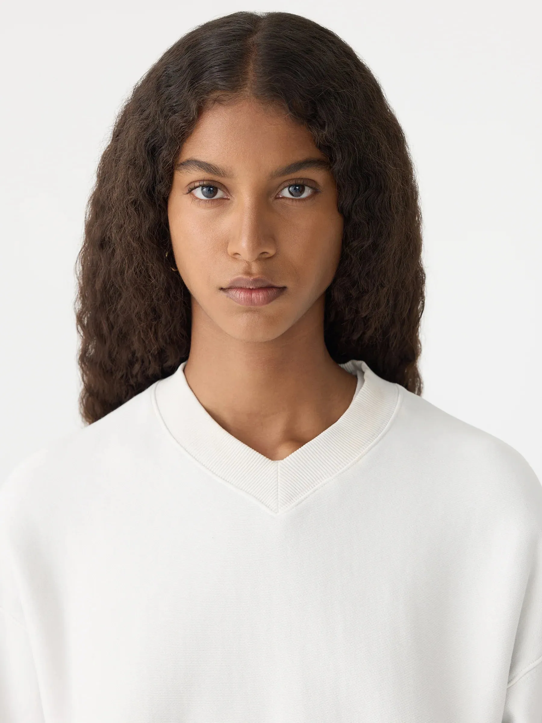 Bassike Boxy Cropped V Neck Sweat in Antique White