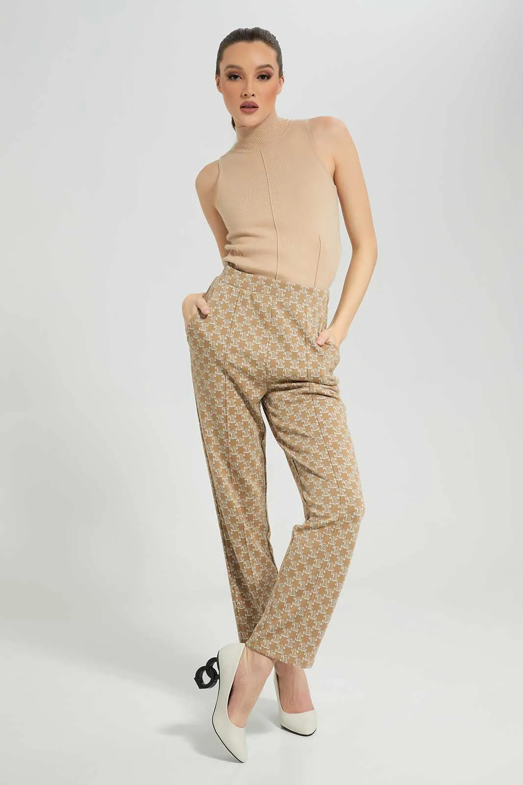 Beige High Neck Top For Women