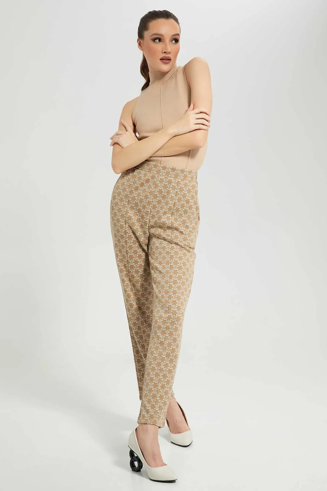 Beige High Neck Top For Women
