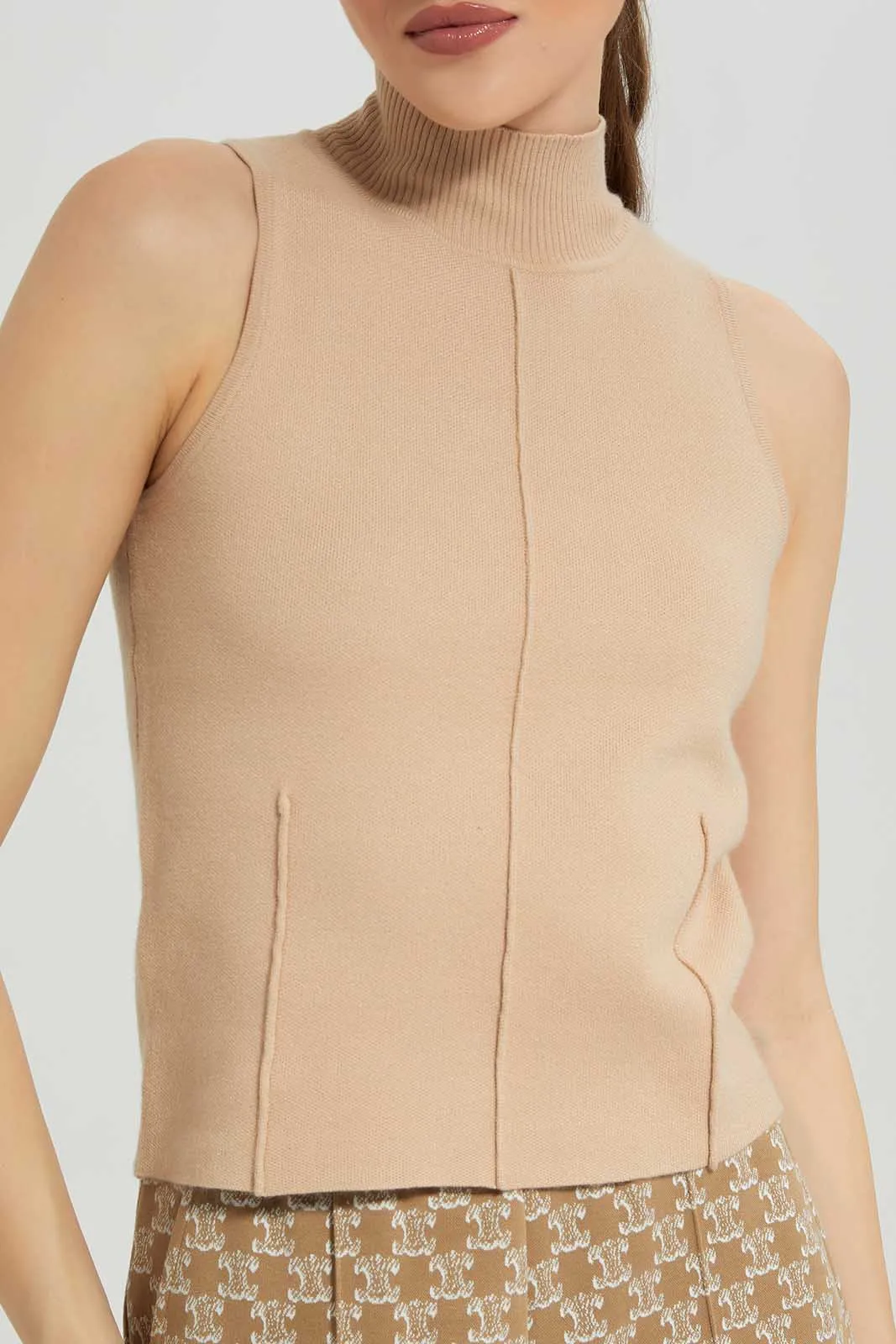 Beige High Neck Top For Women