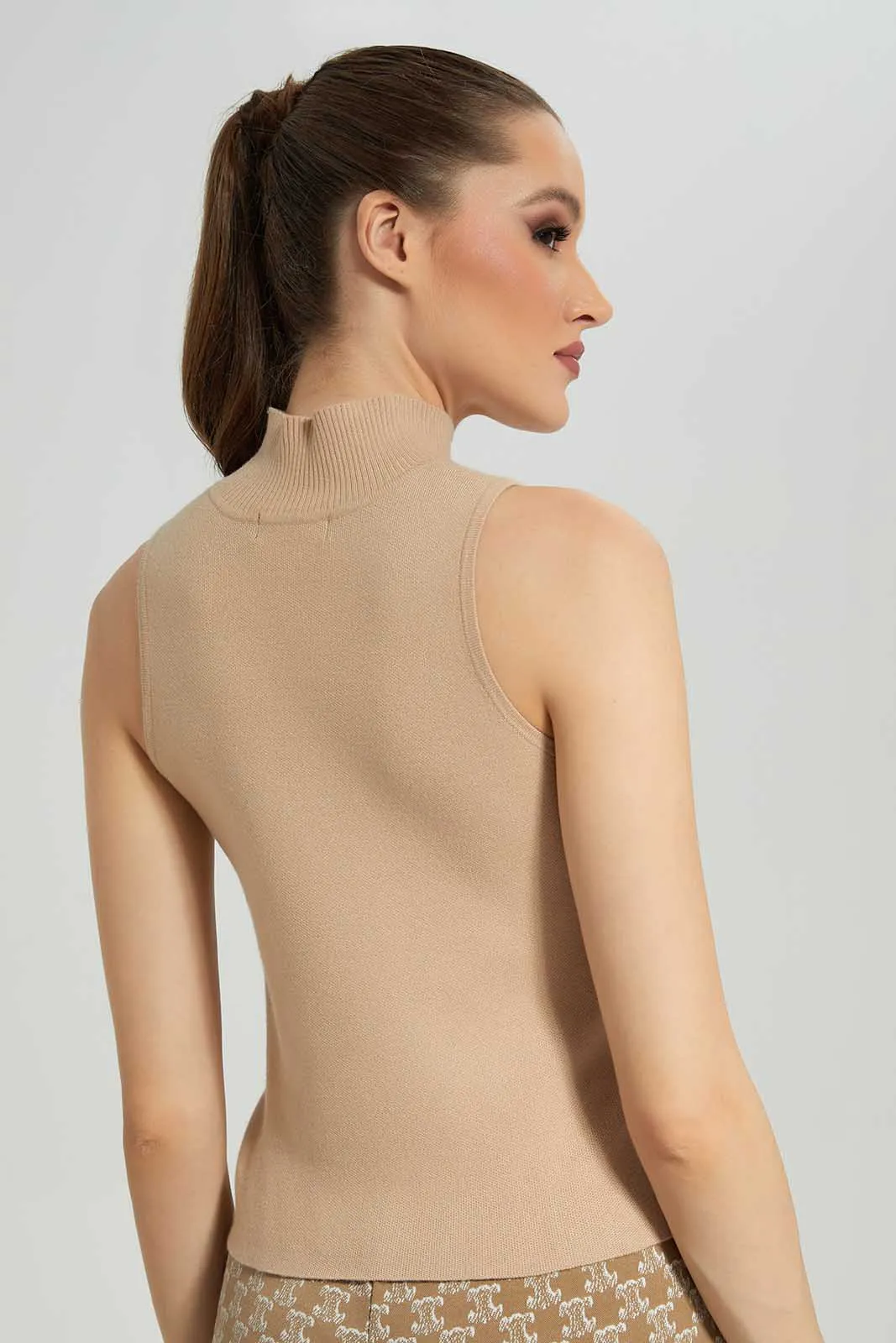 Beige High Neck Top For Women