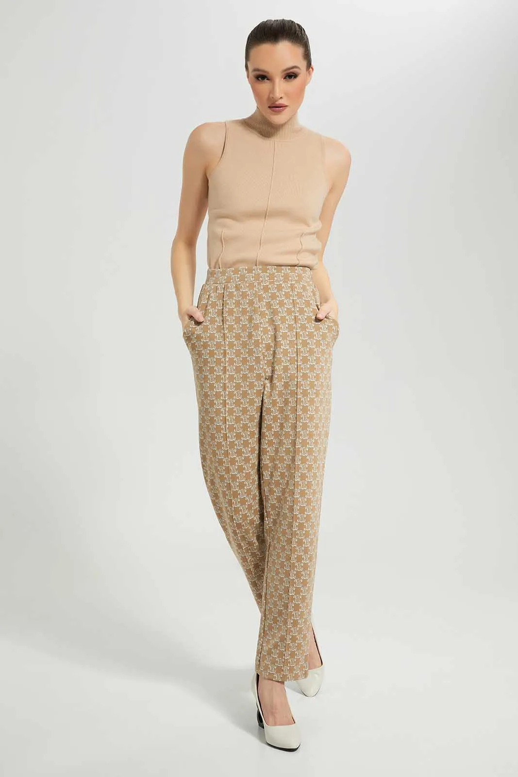 Beige High Neck Top For Women