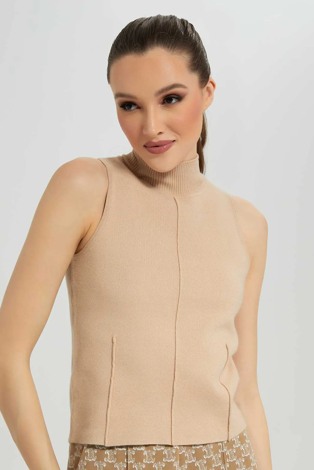 Beige High Neck Top For Women