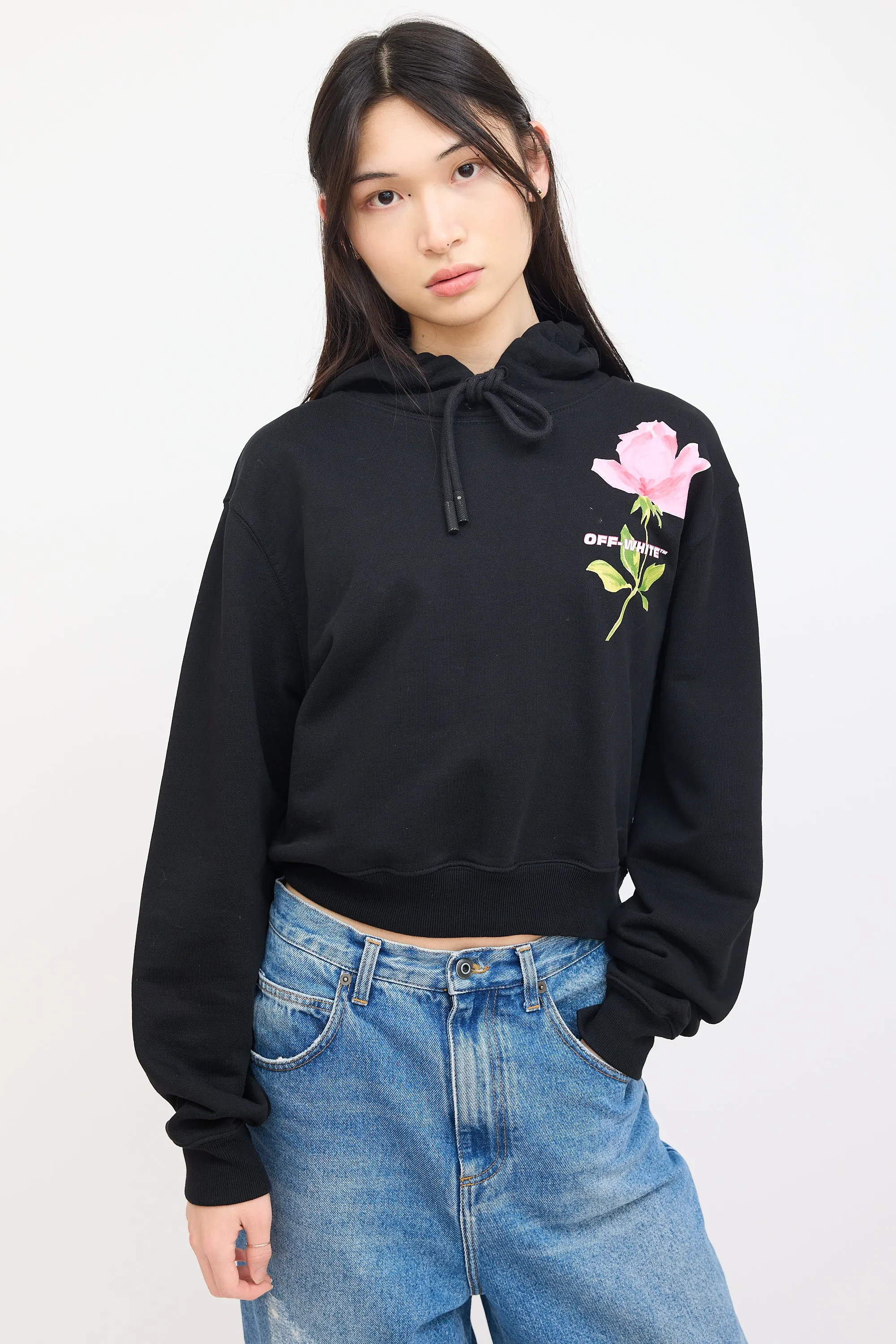 Black Cropped Flowers Hoodie