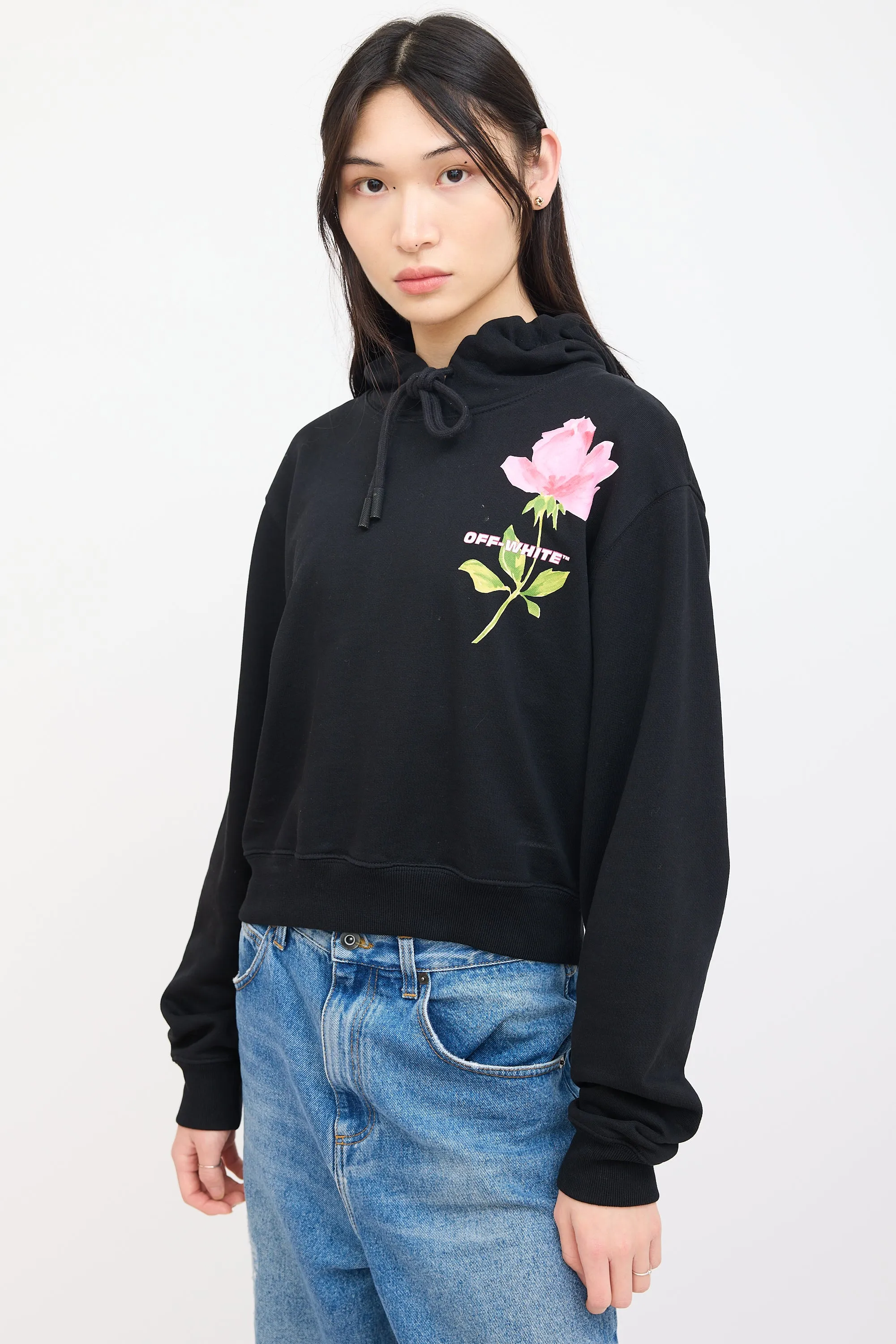 Black Cropped Flowers Hoodie
