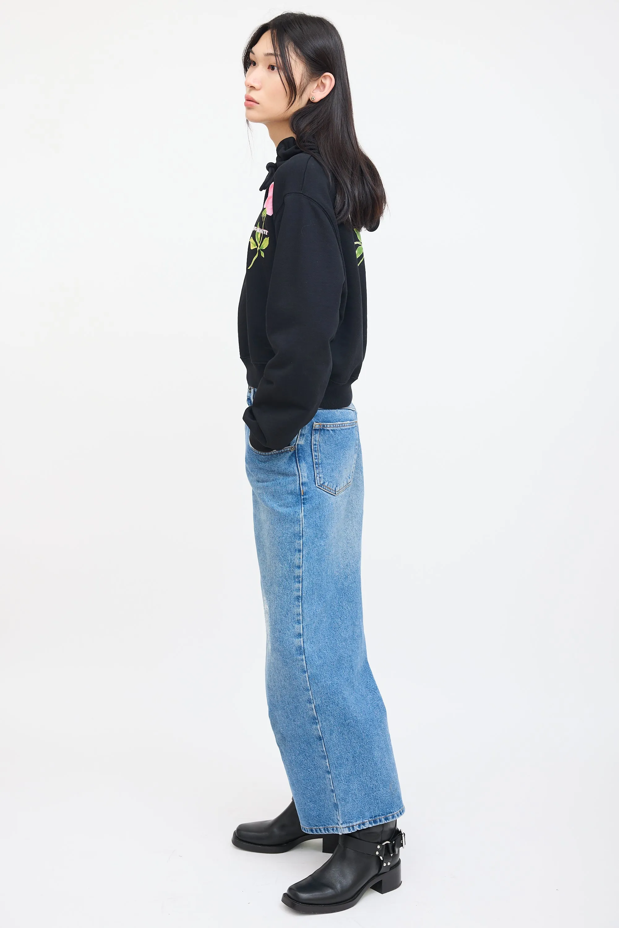 Black Cropped Flowers Hoodie
