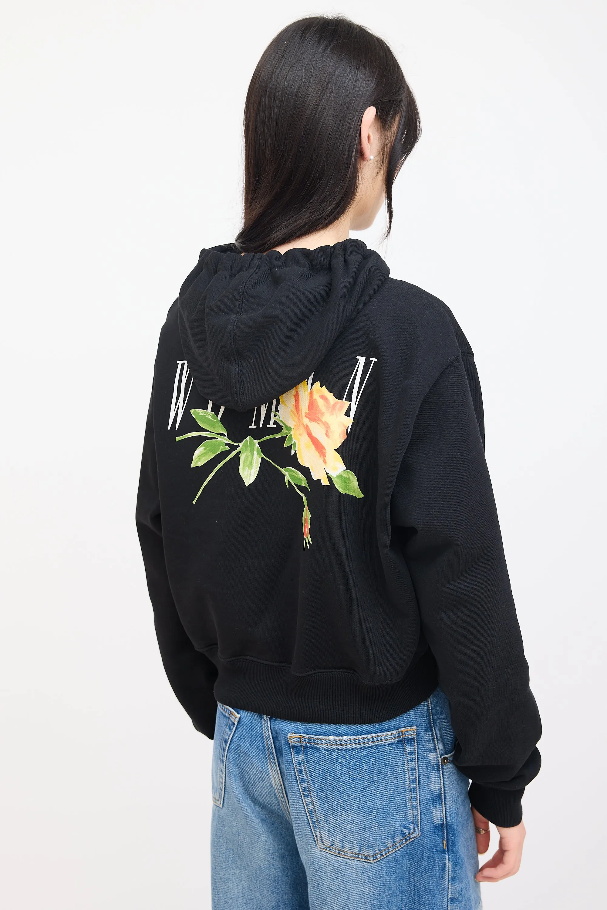 Black Cropped Flowers Hoodie