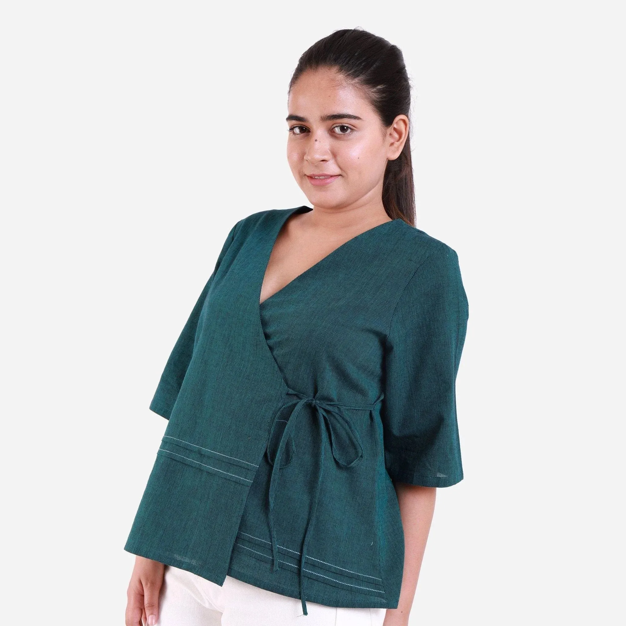Bottle Green Mangalgiri Cotton Tie-Up Wrap Top