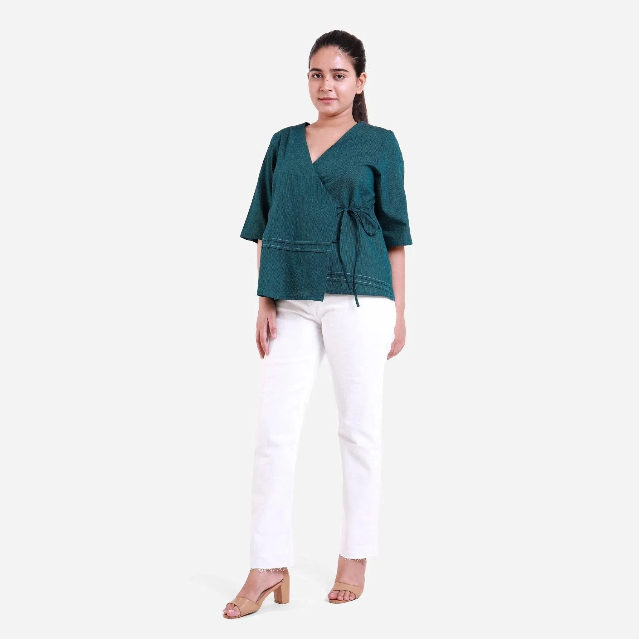 Bottle Green Mangalgiri Cotton Tie-Up Wrap Top