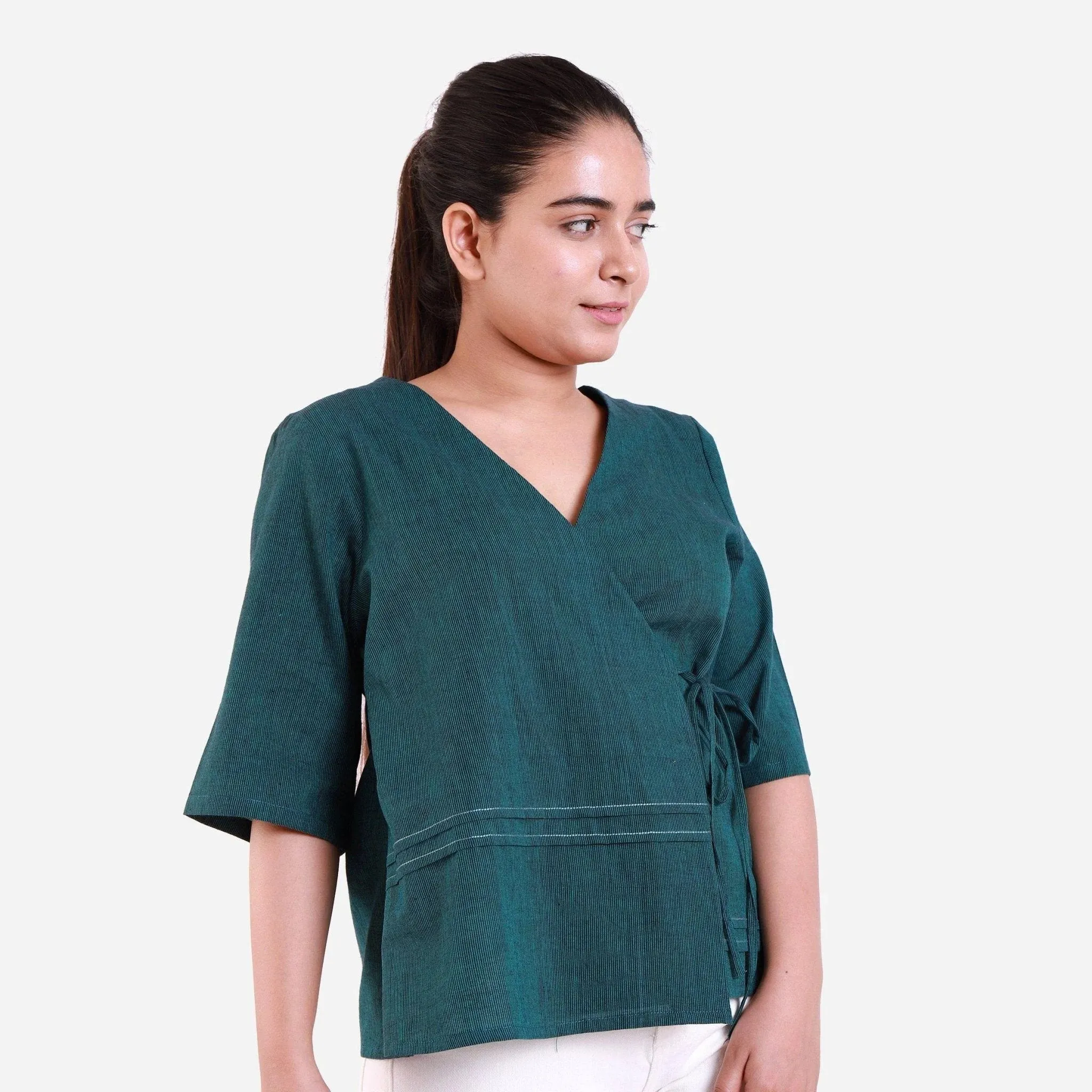 Bottle Green Mangalgiri Cotton Tie-Up Wrap Top