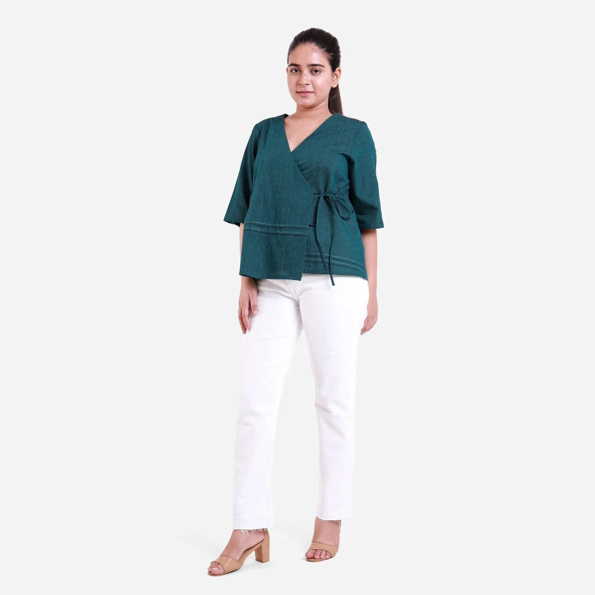 Bottle Green Mangalgiri Cotton Tie-Up Wrap Top