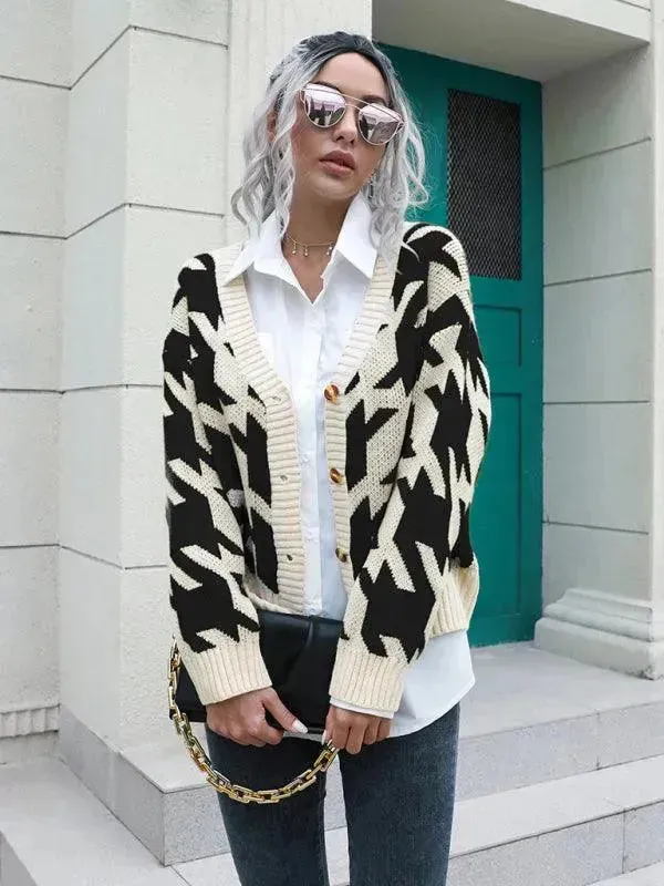 Check Loose Knit Cardigan Sweater
