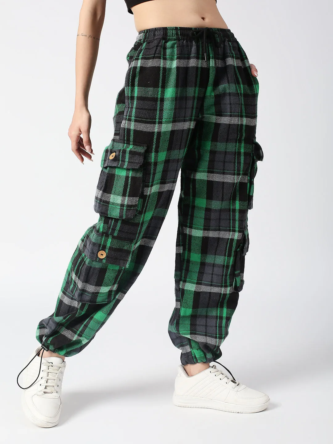 Disrupt Green Checked Baggy Parachute Cargo Pants Women