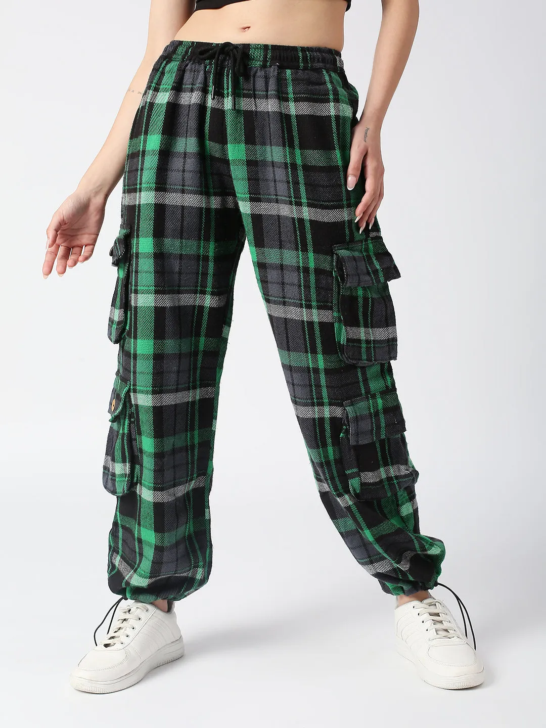 Disrupt Green Checked Baggy Parachute Cargo Pants Women