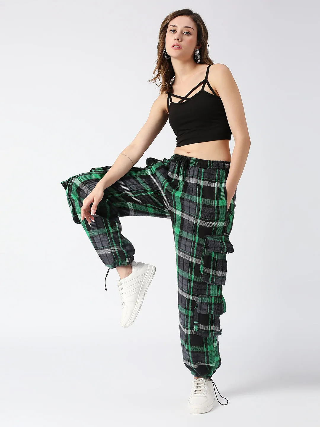 Disrupt Green Checked Baggy Parachute Cargo Pants Women