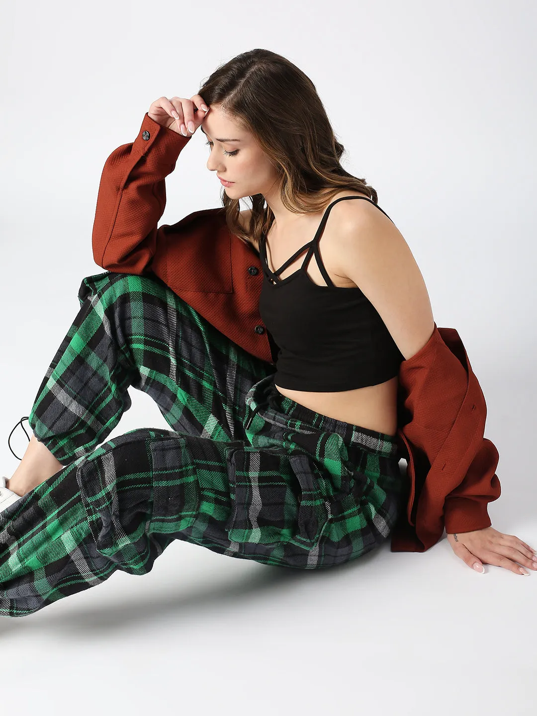 Disrupt Green Checked Baggy Parachute Cargo Pants Women