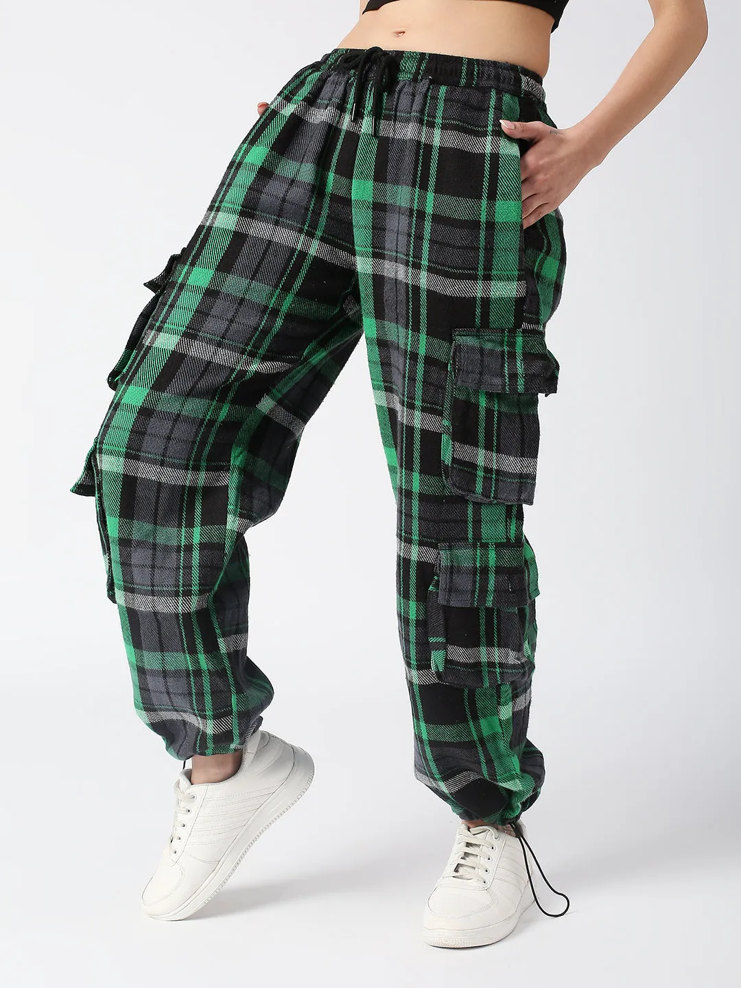 Disrupt Green Checked Baggy Parachute Cargo Pants Women