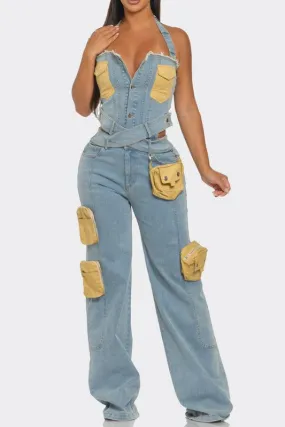 Dual-Tone Denim Jumpsuit