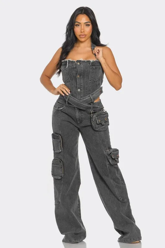 Dual-Tone Denim Jumpsuit