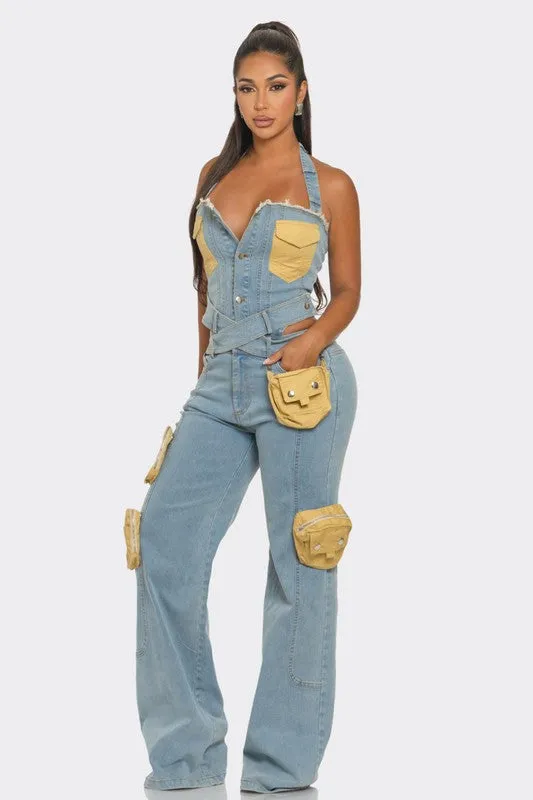 Dual-Tone Denim Jumpsuit