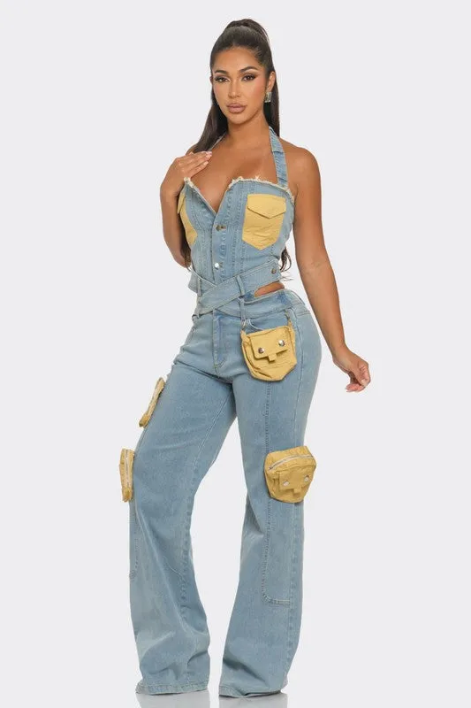Dual-Tone Denim Jumpsuit