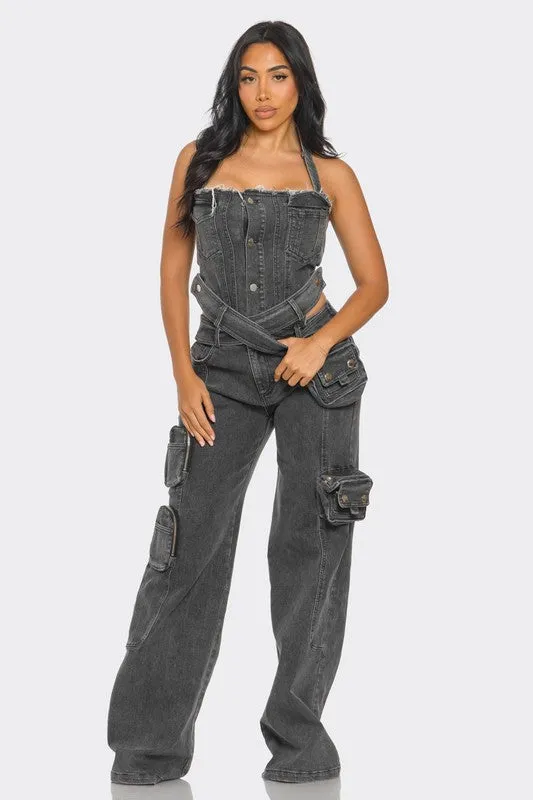Dual-Tone Denim Jumpsuit