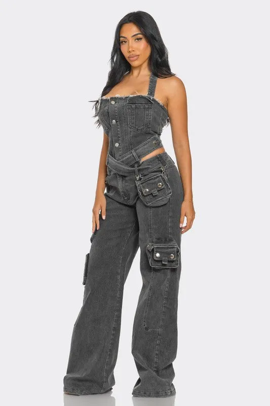 Dual-Tone Denim Jumpsuit