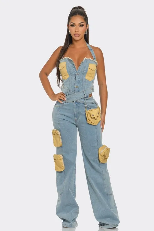 Dual-Tone Denim Jumpsuit