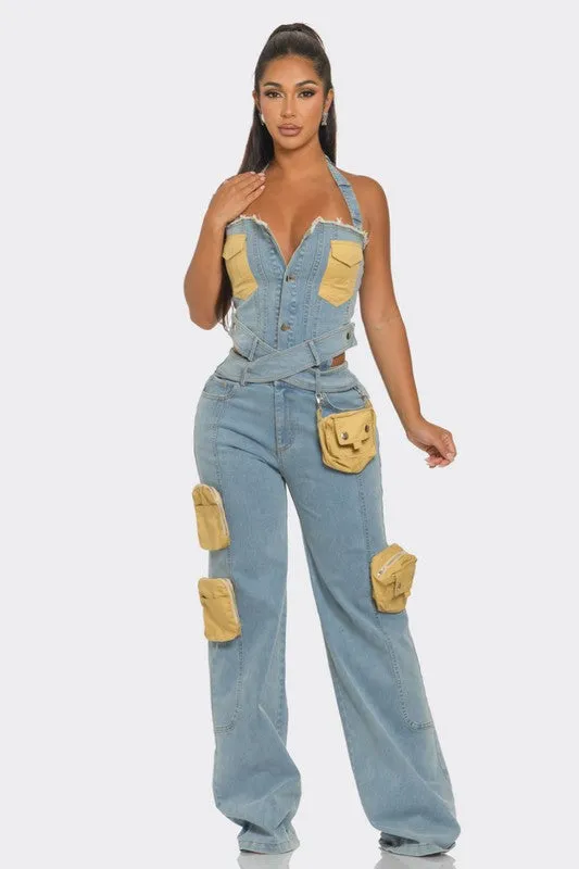 Dual-Tone Denim Jumpsuit