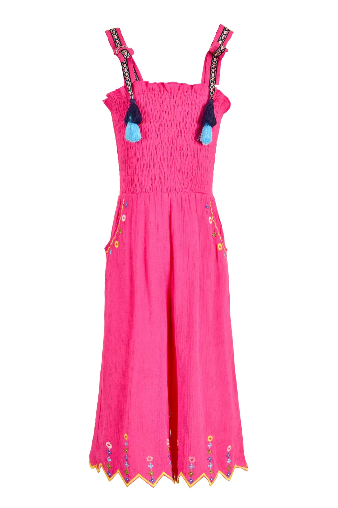 Girls Fuchsia Smocked Tops Embroidered Jumpsuit