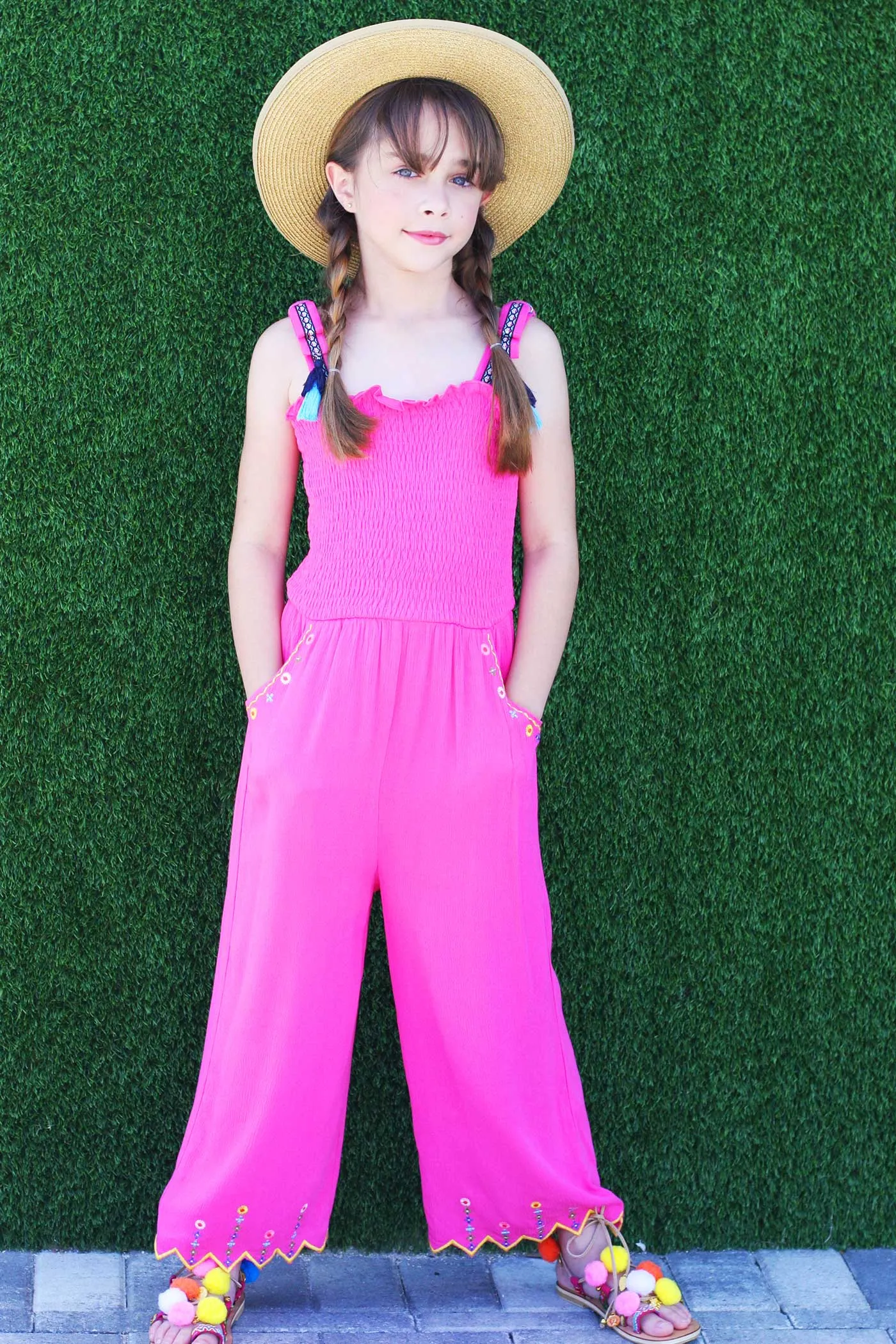Girls Fuchsia Smocked Tops Embroidered Jumpsuit