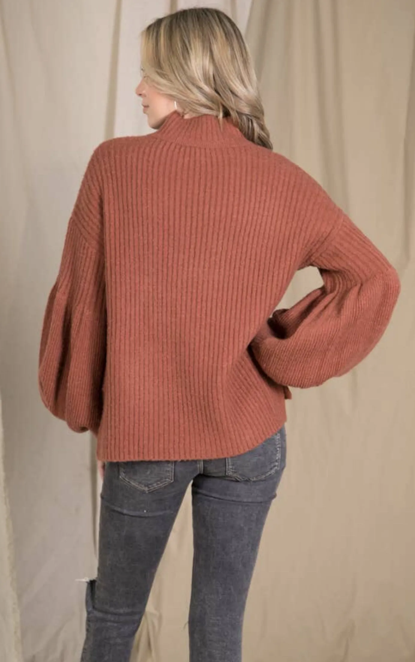 Loveriche Brick Balloon Sleeve Mock Neck Sweater