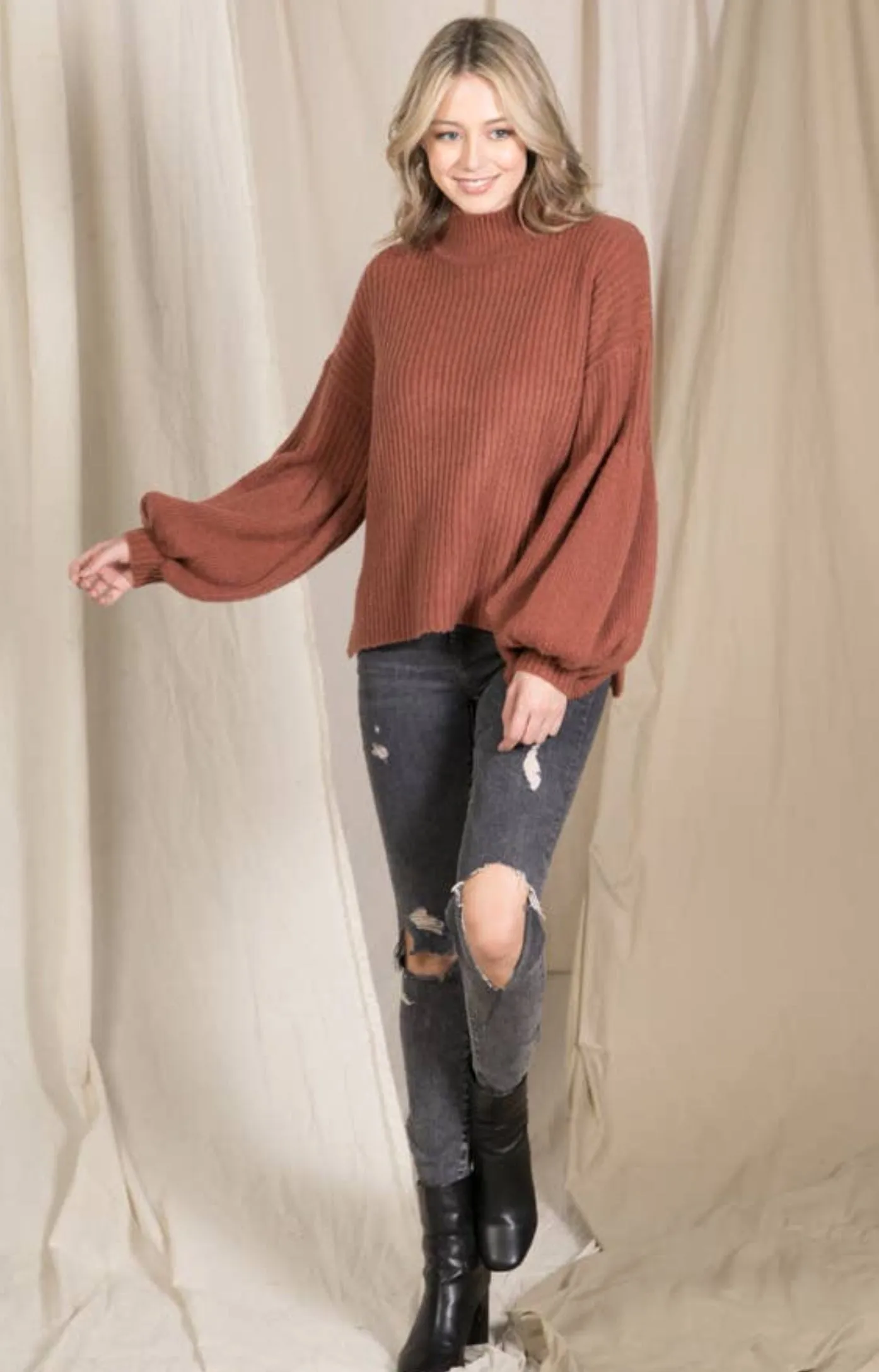 Loveriche Brick Balloon Sleeve Mock Neck Sweater
