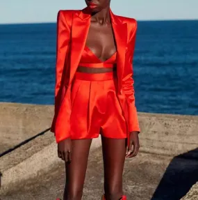 Red Satin Blazer Tops Shorts Set