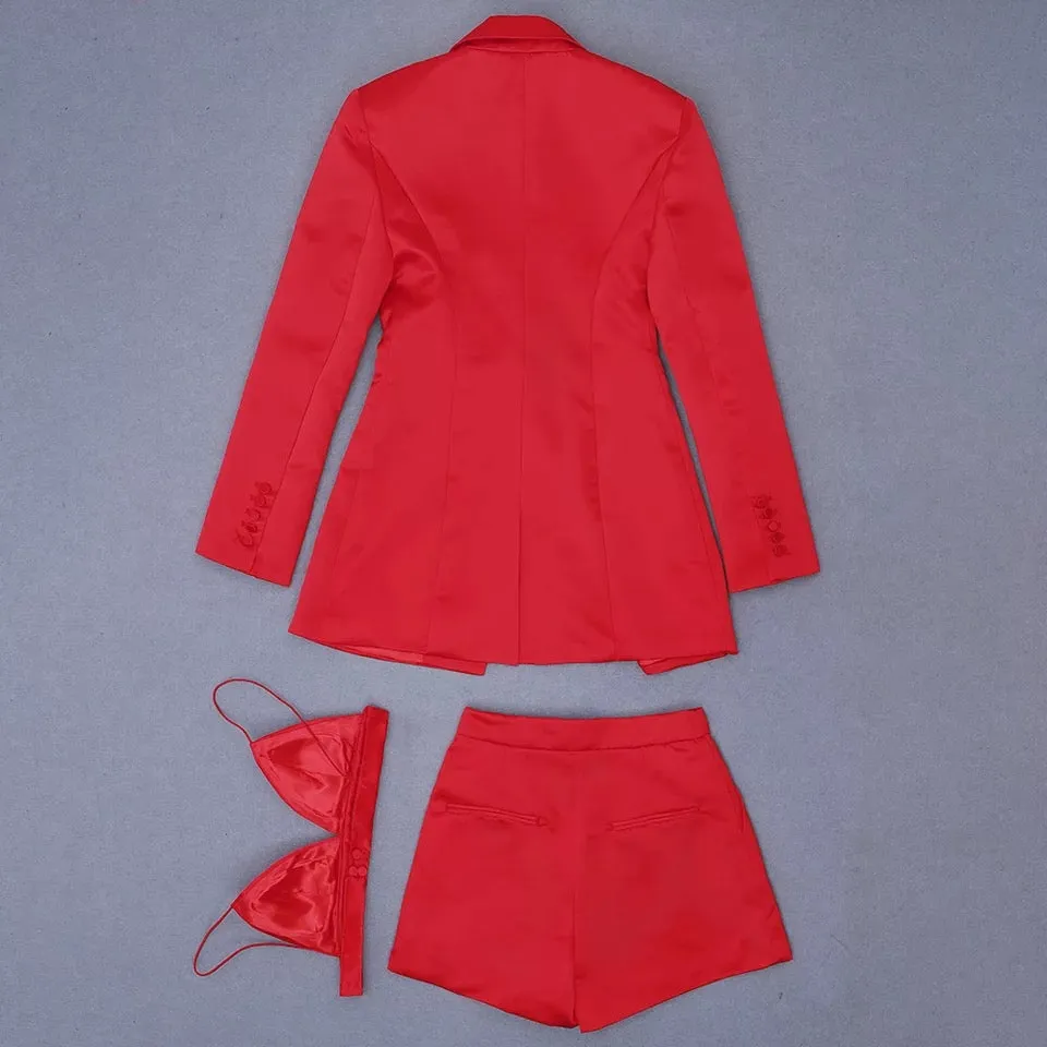 Red Satin Blazer Tops Shorts Set