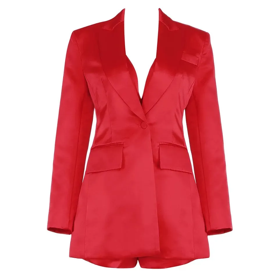Red Satin Blazer Tops Shorts Set