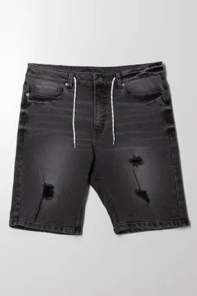 Ripped Denim Short With Drawstring Black