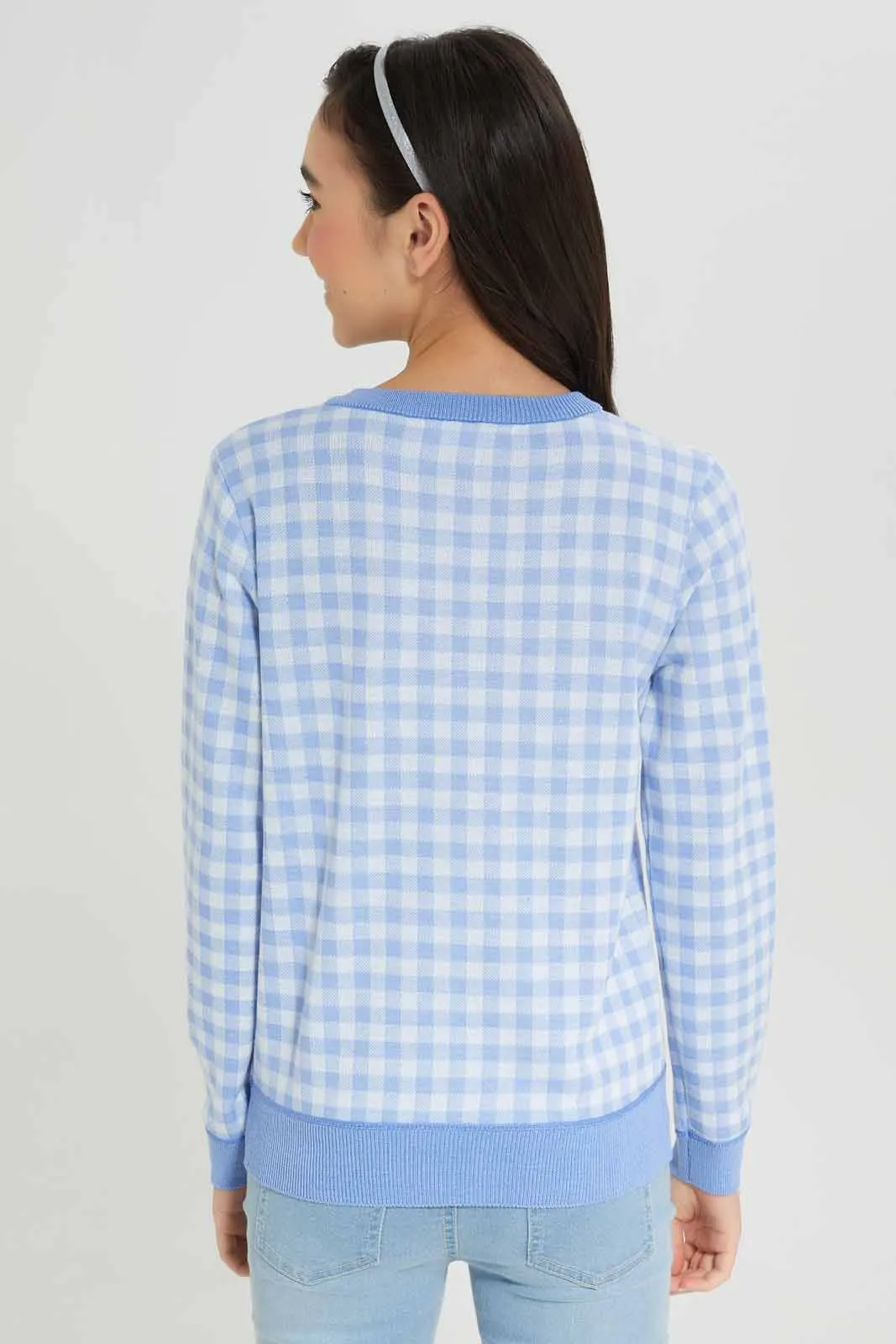 Senior Girls Blue and White Gingham Print Pullover