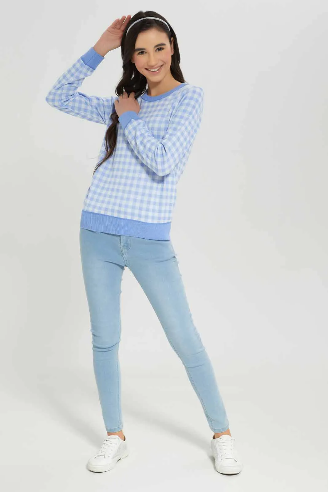 Senior Girls Blue and White Gingham Print Pullover