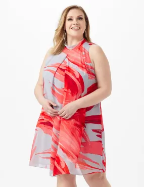 Sleeveless Chiffon Brush Stroke Mock Neck Dress