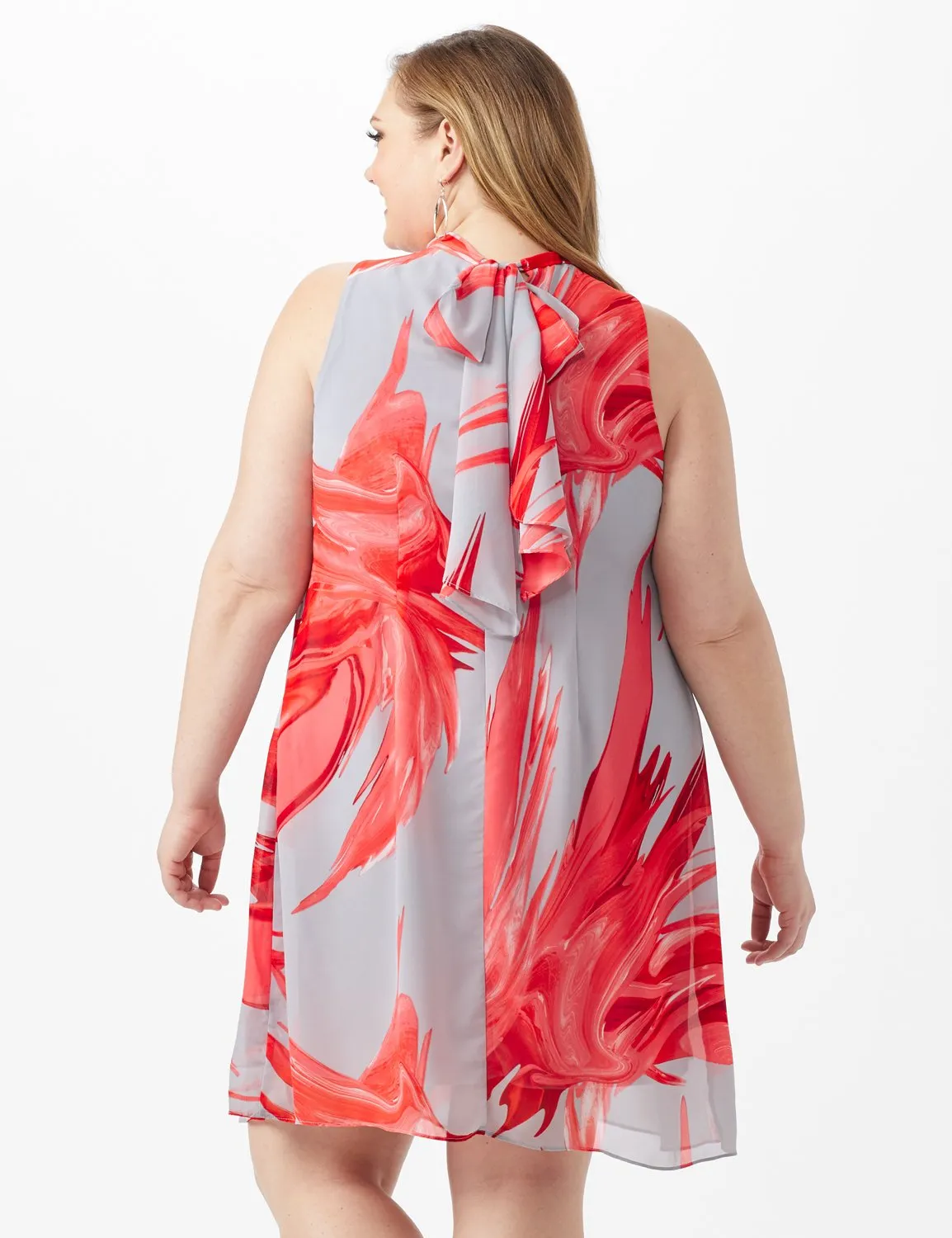 Sleeveless Chiffon Brush Stroke Mock Neck Dress