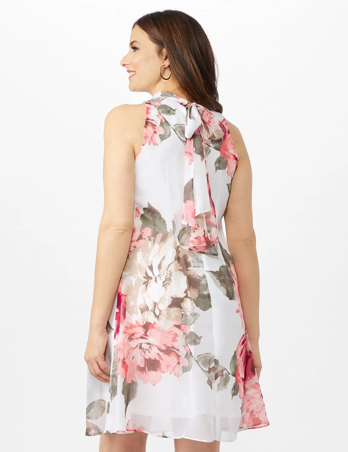 Sleeveless Chiffon Large Flower Mock Neck Dress