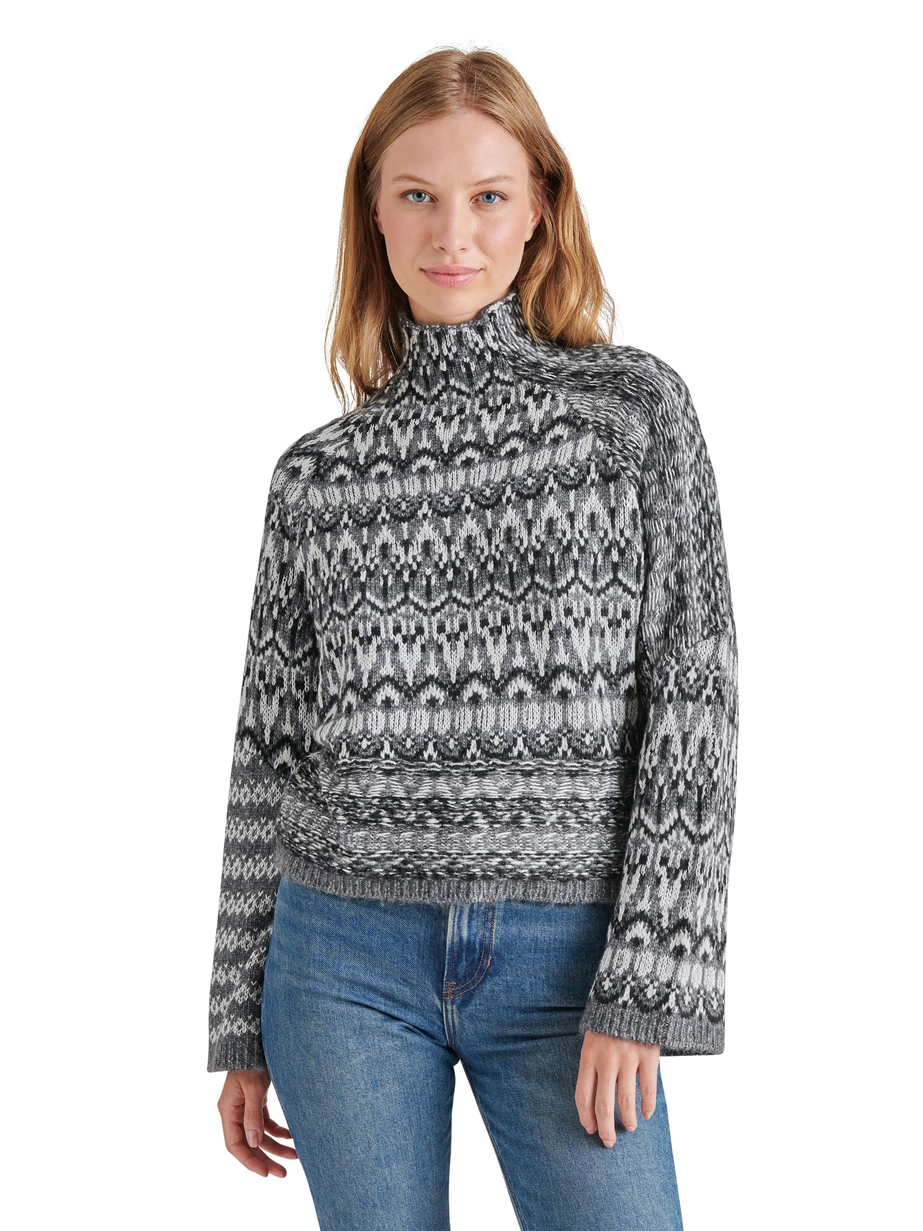 STE Indie Fair Isle Print Mock Neck Long Sleeve Sweater