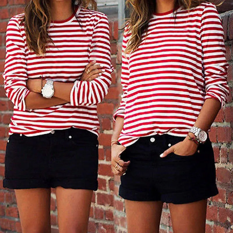 Toleet-New Sexy Women Casual Red White Striped Long Sleeve T Shirt Cotton Loose Tees Shirt Female Basic O-Neck Tops Autumn Pullovers