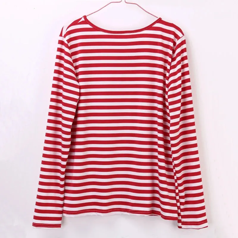Toleet-New Sexy Women Casual Red White Striped Long Sleeve T Shirt Cotton Loose Tees Shirt Female Basic O-Neck Tops Autumn Pullovers