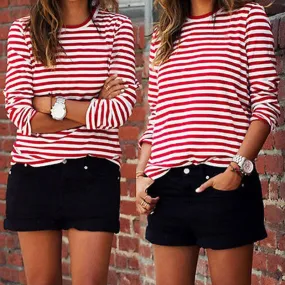 Toleet-New Sexy Women Casual Red White Striped Long Sleeve T Shirt Cotton Loose Tees Shirt Female Basic O-Neck Tops Autumn Pullovers