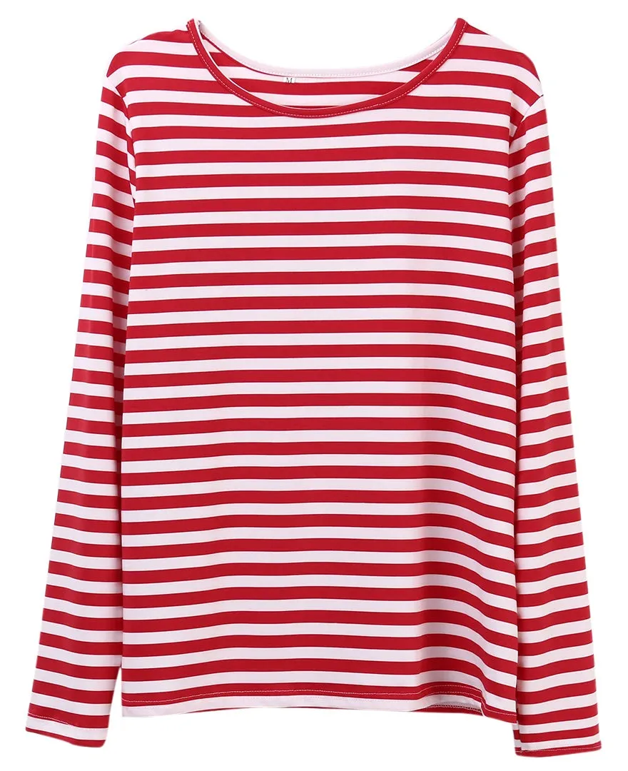 Toleet-New Sexy Women Casual Red White Striped Long Sleeve T Shirt Cotton Loose Tees Shirt Female Basic O-Neck Tops Autumn Pullovers